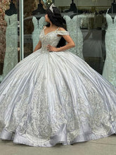 Silver Ball Gown Off-Shoulder Beaded Lace Applique Quinceanera Dress with Sweep Train for Sweet 16 & Princess Parties
