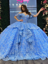 Off-Shoulder Ball Gown Floral Lace Appliques Tiered Ruffles & Beaded Blue Tulle Princess Dress for Quinceanera Sweet 16 & Evening Galas