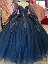 Navy Blue Tulle Quinceanera Dress Off-Shoulder Ball Gown with Lace Appliques & Tiered Ruffles for Sweet 16 & Princess Parties
