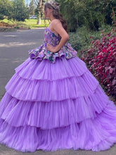 Lavender Tulle Quinceanera Dress Strapless Ball Gown with Floral Appliques & Tiered Skirt for Sweet 16
