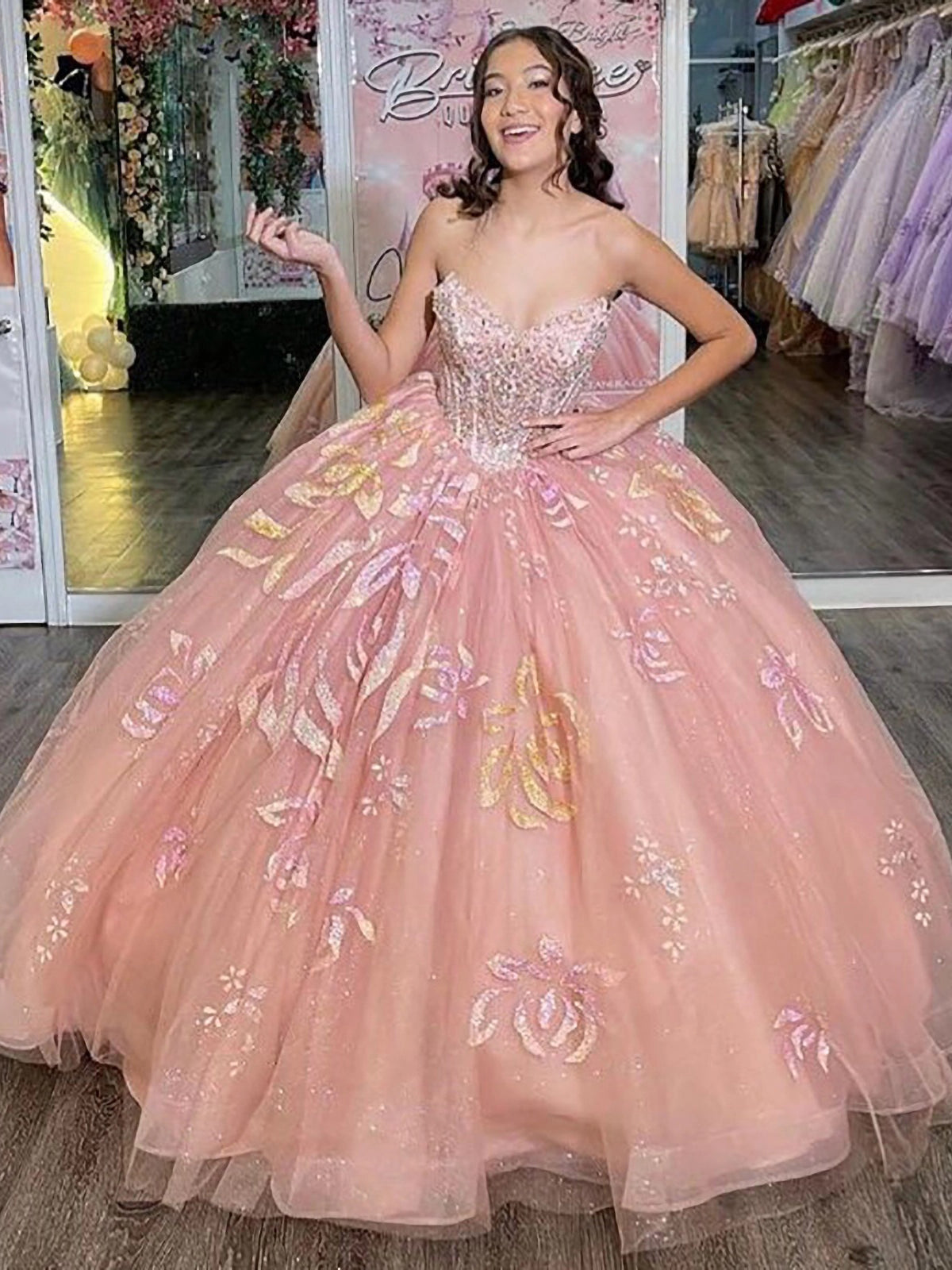 Pink Tulle Princess Quinceanera Dress Sweetheart Neckline with Glitter Appliques & Beaded Detail for Sweet 16 or Birthday Party