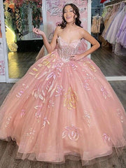 Pink Tulle Princess Quinceanera Dress Sweetheart Neckline with Glitter Appliques & Beaded Detail for Sweet 16 or Birthday Party