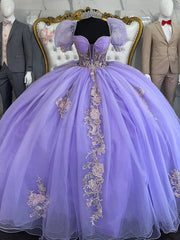 Lavender Tulle Quinceanera Dress Sweetheart Neckline Puffy Sleeves & Sweep Train with Lace Appliques