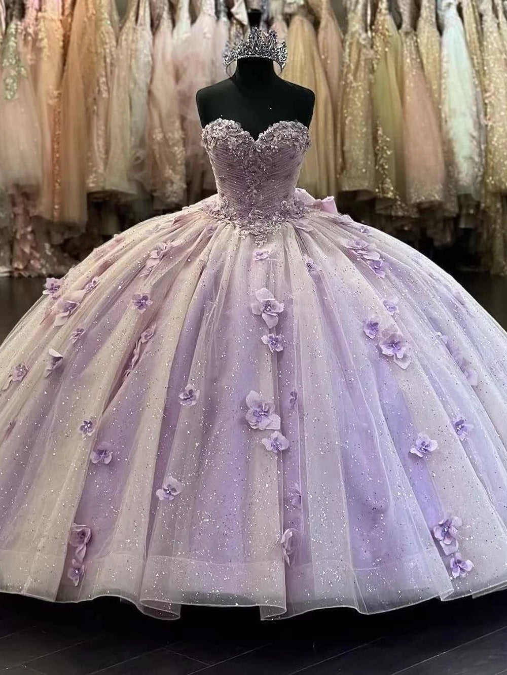 Lilac Tulle Quinceanera Dress Strapless Ball Gown with 3D Beaded Flowers Lace Appliques & Sweep Train for Sweet 16