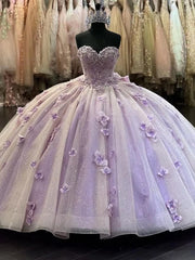 Lilac Tulle Quinceanera Dress Strapless Ball Gown with 3D Beaded Flowers Lace Appliques & Sweep Train for Sweet 16