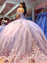 Lavender Tulle Quinceanera Dress Off-Shoulder Ball Gown with Beaded Lace & Butterfly Appliques for Sweet 16 & Princess Evening Gowns