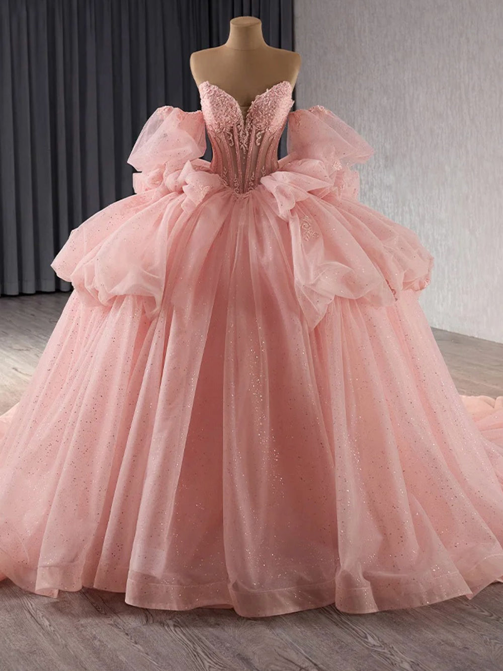 Strapless Ball Gown with Detachable Sleeves Tiered Tulle Quinceanera Dress with Ruffle Appliques & Bow Detail for Sweet 16 & Princess Parties