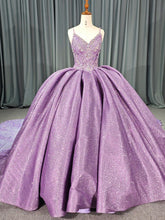 Purple Tulle Princess Ball Gown V-Neck Spaghetti Straps with 3D Floral Lace & Sweep Train for Quinceanera or Sweet 16