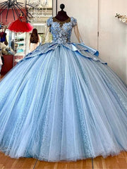 Royal Blue Ball Gown 3D Floral Lace Applique Beaded Tiered Tulle Quinceanera Dress for Sweet 16 & Princess Parties