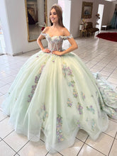 Exquisite Mint Green Ball Gown Off-Shoulder Corset with 3D Floral Lace Appliques for Quinceanera & Sweet 16