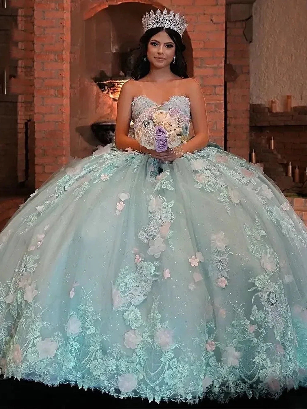 Sky Blue Ball Gown Strapless 3D Flower Lace Quinceanera & Sweet 16 Dress