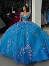 Off-Shoulder Beaded Lace Ball Gown Blue Tulle Quinceanera Dress for Sweet 16 & Evening Galas
