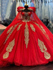 Sweetheart Neckline Long Sleeve Gold-Embellished Red Tulle Quinceanera Dress Stunning 16th Birthday Party Gown