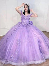 Lilac Off-Shoulder Ball Gown with Beaded 3D Flower Appliques & Bow Knot Perfect for Quinceanera & Sweet 16