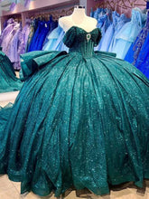 Emerald Green Quinceanera Ball Gown Off-Shoulder Sparkle Tulle Dress with Tiered Ruffles for Sweet 16 & Princess Parties