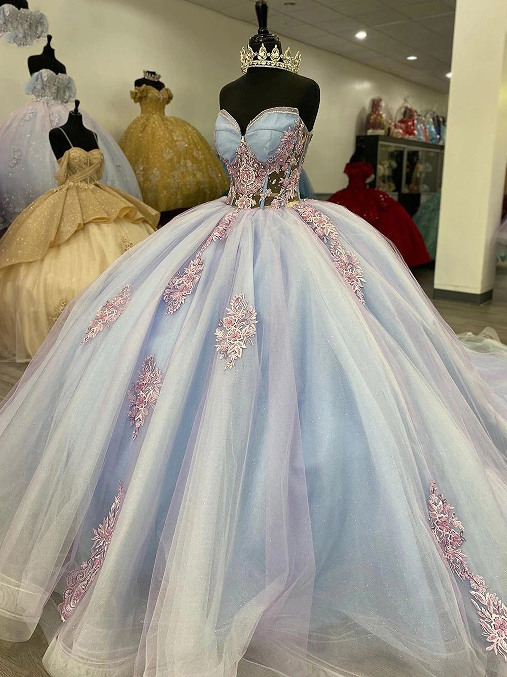 Exquisite Strapless Ball Gown with Floral Lace Appliques Sweep Train Tulle Quinceanera & Sweet 16 Evening Dress
