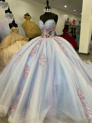Exquisite Strapless Ball Gown with Floral Lace Appliques Sweep Train Tulle Quinceanera & Sweet 16 Evening Dress