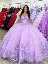 Lilac Quinceanera Dress Off-Shoulder Glitter Tulle Gown with Lace Appliques & Puffy Sleeves for Sweet 16
