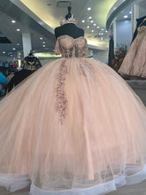 Ball Gown with Sweetheart Neckline Off-Shoulder Sleeveless Lace Applique Tulle Dress in Baby Pink for Prom Quinceanera & Sweet 16