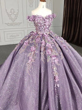 Off-Shoulder Ball Gown Floral Lace Appliques & Beaded Purple Tulle Quinceanera Dress for Sweet 16 & Princess Birthday Parties