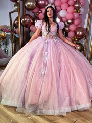 Pink Tulle Princess Ball Gown Sweetheart Neckline with Puff Sleeves Lace Appliques & Beaded Details for Quinceanera Sweet 16 or Evening Galas