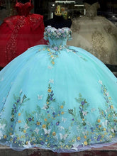 Lake Blue Ball Gown Off-Shoulder 3D Butterfly & Floral Tulle Quinceanera Dress for Sweet 16 & Evening Galas