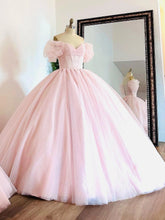 Off-Shoulder Ball Gown with Puff Sleeves Pink Tulle Quinceanera & Sweet 16 Princess Dress