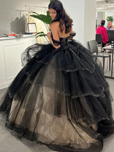 Black Tulle Quinceanera Dress Off-Shoulder Lace Ball Gown with Ruffled Tiered Skirt for Sweet 16 & Prom