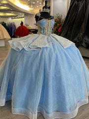 Exquisite Sky Blue Tulle Princess Ball Gown Strapless Sweet 16 & Quinceanera Dress with Floral Lace Appliques and Beading