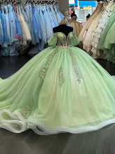 Exquisite Sage Green Ball Gown Off-Shoulder Sequined Lace Princess Dress for Quinceanera & Sweet 16
