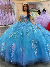 Lake Blue Ball Gown Off-Shoulder 3D Floral Lace Applique & Beaded Tulle Quinceanera Dress for Sweet 16 & Princess Parties