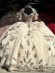 Champagne Ball Gown Sweetheart Neckline with Lace Appliques & Tiered Ruffles for Quinceanera Sweet 16 or Graduation