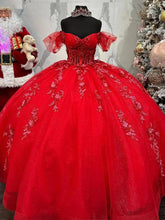 Off-Shoulder Red Quinceanera Dress Lace Applique & Beaded Tulle Princess Gown for Sweet 16 or Birthday Celebrations
