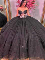 Exquisite Black Tulle Quinceanera Dress Sweetheart Neckline Lace Applique Ball Gown for Sweet 16 & Birthday Celebrations