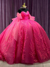 Off-Shoulder Ball Gown Sweetheart Neckline with Long Sleeves Lace Appliques & Beaded Details in Hot Pink Tulle for Quinceanera Sweet 16 or Princess Party