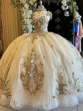 Champagne Tulle Quinceanera Dress Sweetheart Ball Gown with 3D Floral Lace & Beaded Bow for Sweet 16 & Birthday Galas