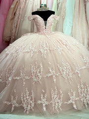 Exquisite Off-Shoulder Ball Gown with Lace Appliques & Bow Detail Pink Tulle Quinceanera Dress for Sweet 16 & Princess Birthday Parties