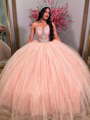 Exquisite Strapless Ball Gown Lace Appliques & Beaded Pink Tulle Princess Dress for Quinceanera Sweet 16 & Formal Evenings