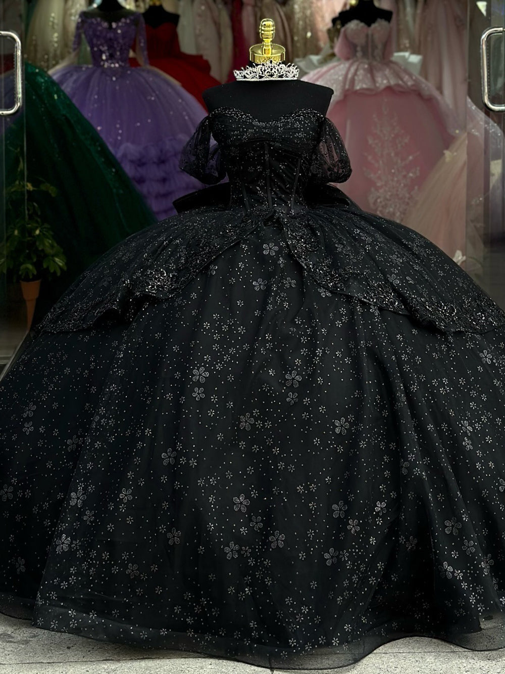 Off-Shoulder Ball Gown with Floral Appliques Beaded Bow & Tiered Tulle Skirt Perfect for Quinceanera or Sweet 16