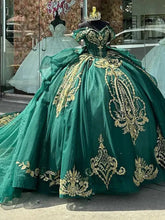 Exquisite Emerald Green Quinceanera Dress Off-Shoulder Gold Lace Ball Gown with Beaded Ruffles & Tulle Skirt for Sweet 16 or Princess Birthday