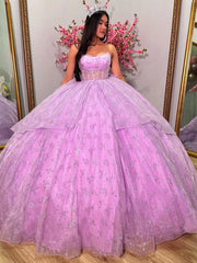 Strapless Lilac Tulle Quinceanera Dress Tiered Ball Gown with Bow Detail for Sweet 16 & Princess Evening Parties