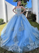 Exquisite Sky Blue Tulle Quinceanera Dress Strapless Ball Gown with Lace Appliques Beaded Details & Tiered Ruffles for Sweet 16 & Birthday Celebrations