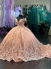 Off-Shoulder Ball Gown with 3D Floral Appliques Pink Tulle Quinceanera Dress with Sweep Train