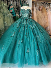 Emerald Green Ball Gown Off-Shoulder Sweetheart Neckline with Beaded Flowers & Lace Applique for Quinceanera or Sweet 16