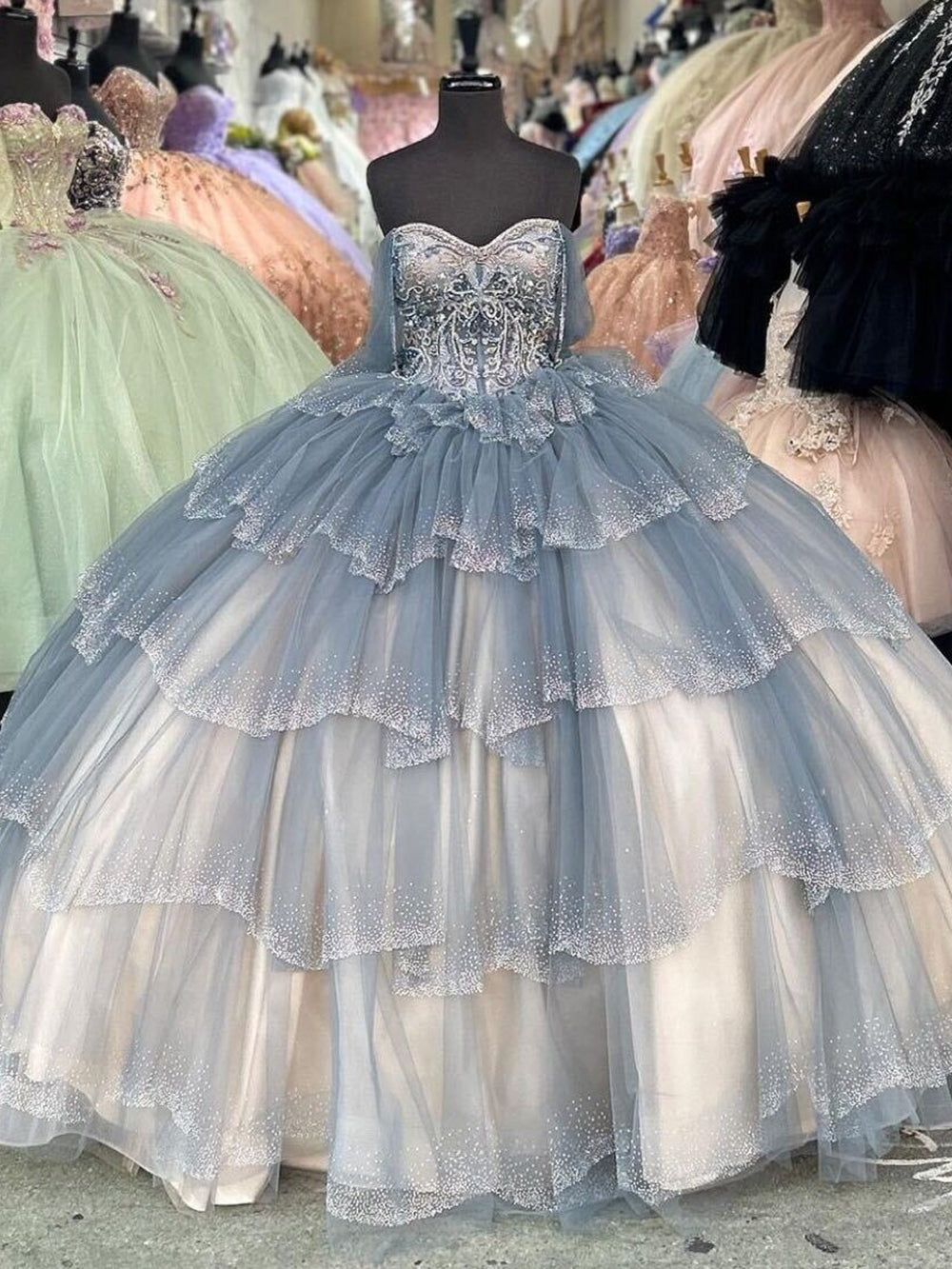 Off-Shoulder Tiered Ruffles Ball Gown Princess Quinceanera & Sweet 16 Birthday Party Dress
