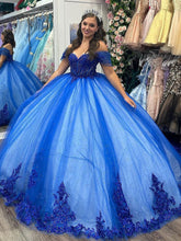 Royal Blue Ball Gown Off-Shoulder Sweetheart Neckline with Floral Lace Appliques & Beaded Detail for Quinceanera Sweet 16 or Princess Party