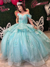 Off-Shoulder Ball Gown with 3D Beaded Flower Appliques & Ruffled Tulle Skirt Lake Blue Quinceanera or Sweet 16 Princess Dress