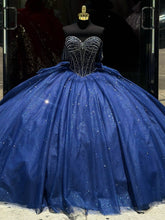 Dark Navy Tulle Quinceanera Dress Off-Shoulder Beaded Ball Gown with Bow Knot for Sweet 16 & Princess Parties
