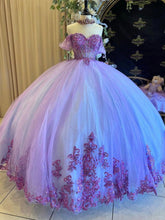 Lilac Tulle Quinceanera Dress Off-Shoulder Ball Gown with Sequins Beaded Floral Lace Appliques for Sweet 16 & Birthday Parties