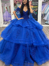 Royal Blue Ball Gown Off-Shoulder Lace Applique Beaded Tulle Princess Dress for Quinceanera & Sweet 16